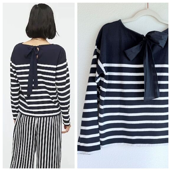 Tops - J.Crew Women's Mariner Cloth Bow Back Striped Long Sleeve Top in Navy & White S
